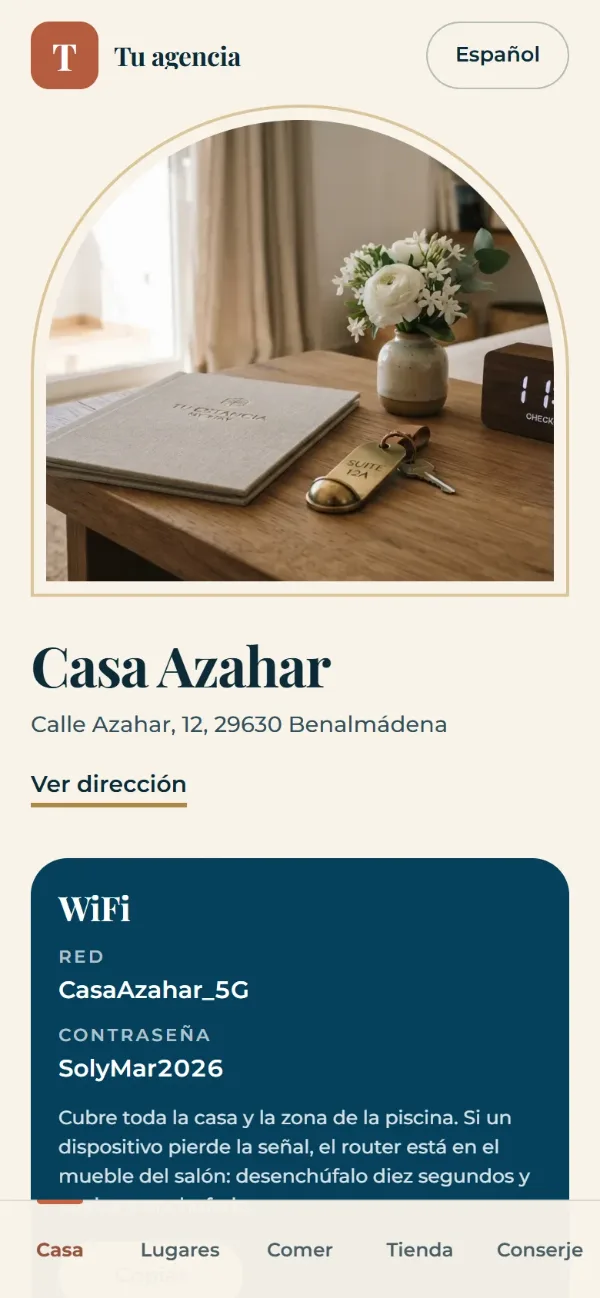 La guía digital en el móvil: foto de la casa, dirección y el WiFi con botón para copiarlo