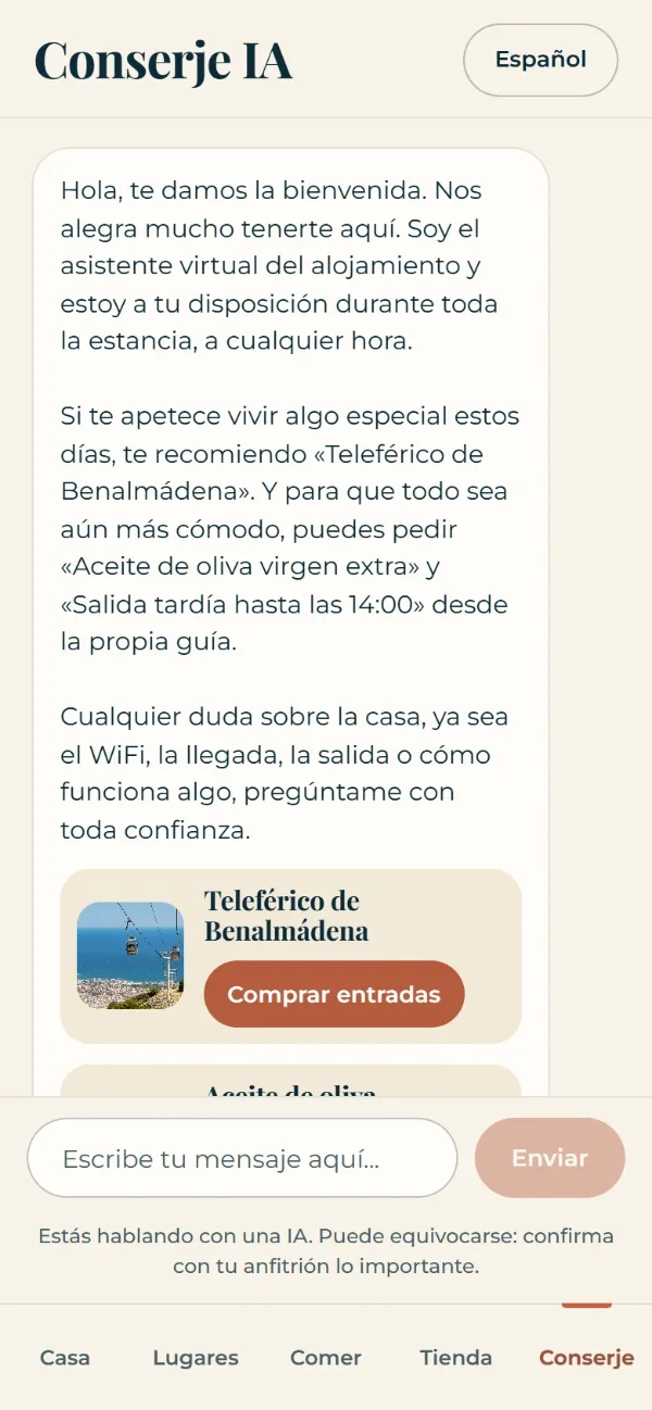 El conserje con IA de la guía: un mensaje de bienvenida con recomendaciones de la zona y un campo para escribir