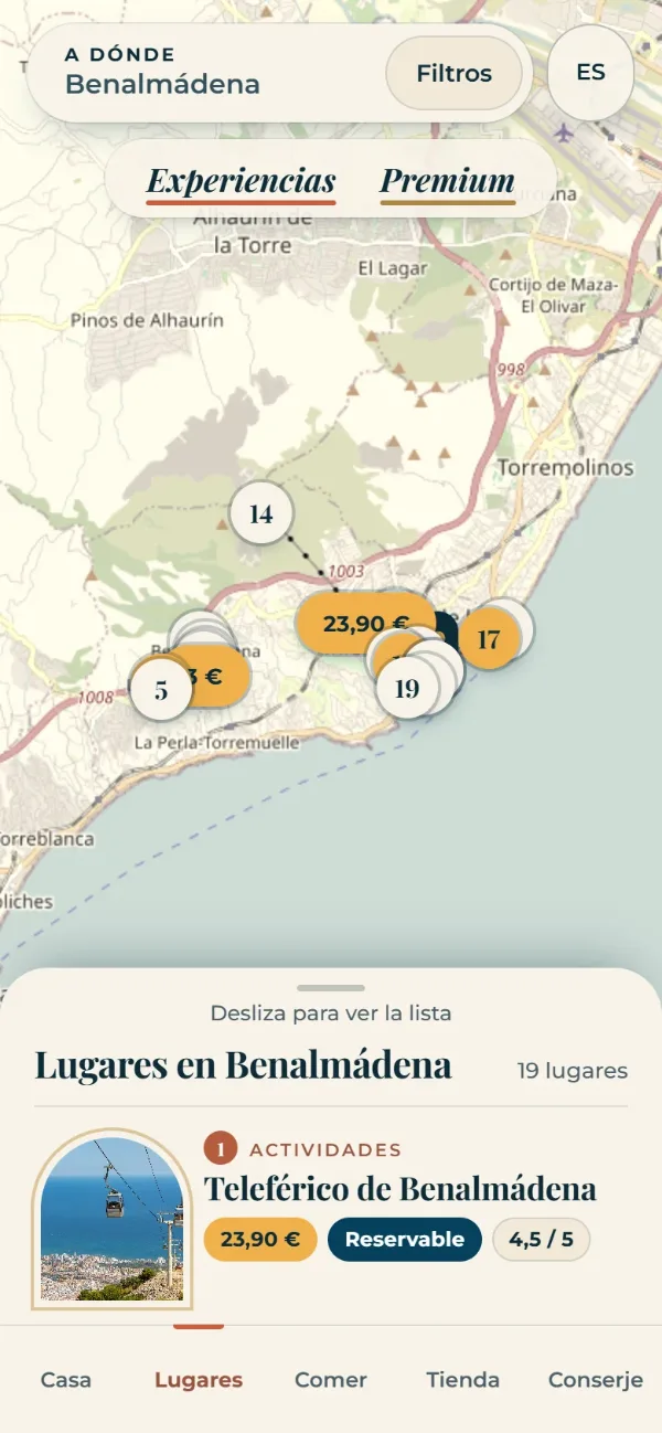 La pestaña Lugares de la guía: un mapa de la zona con experiencias y una lista de lugares