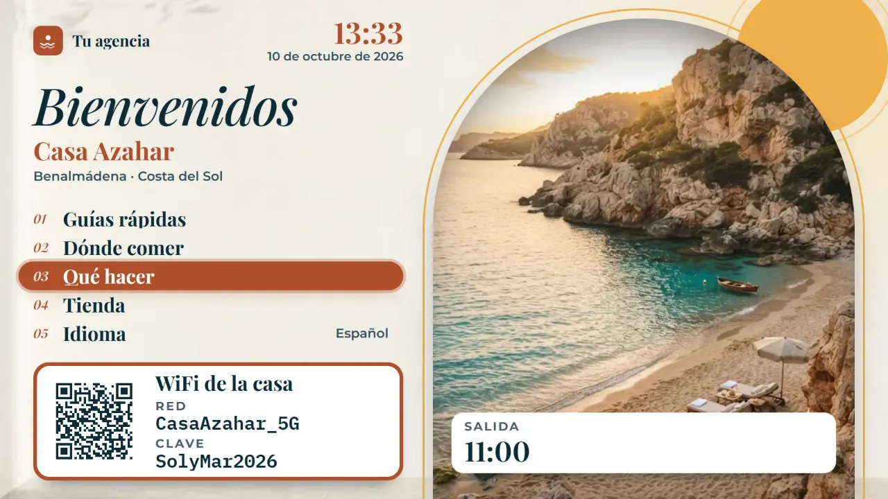 La pantalla de bienvenida de VisualTaste TV en una tele: saludo, menú con cinco entradas, el WiFi con su código QR y la hora de salida