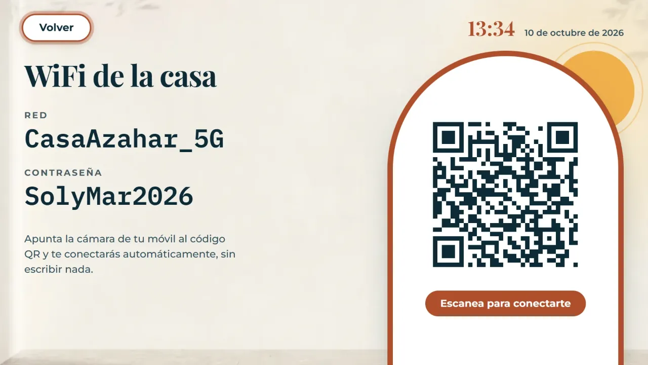 La pantalla del WiFi de VisualTaste TV: nombre de la red, contraseña y un código QR para conectarse con la cámara