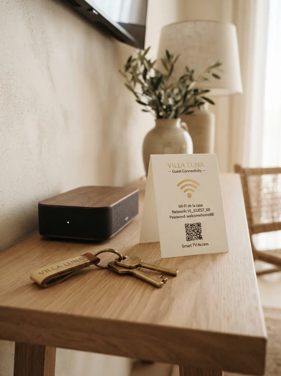 Unas llaves y un cartel con el WiFi de la casa sobre una consola de madera